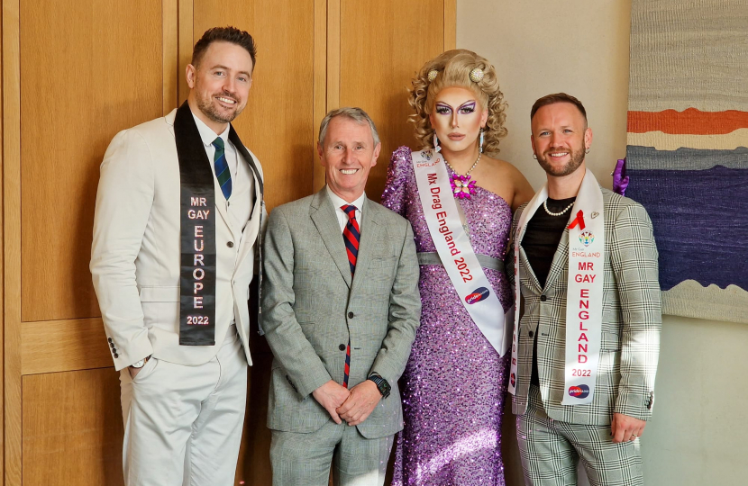 Pictured: Nigel Evans with the winners of Mr Gay Europe, Mr Gay England and Mx Drag England 