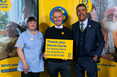 Nigel Evans pictured with Cherry Rowland and Chris Kamara at Marie Curie's Great Daffodil Appeal Event in Parliament